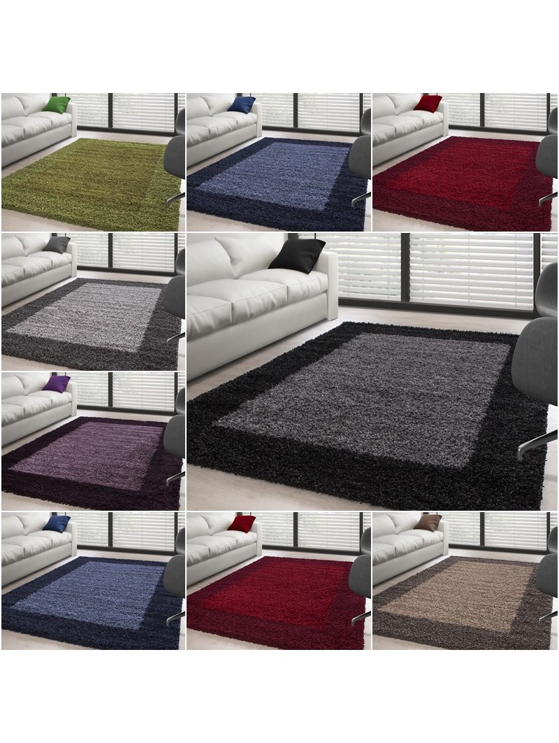 Alfombra peluda de pelo largo, borde de diseño, colores y tamaños disponibles.