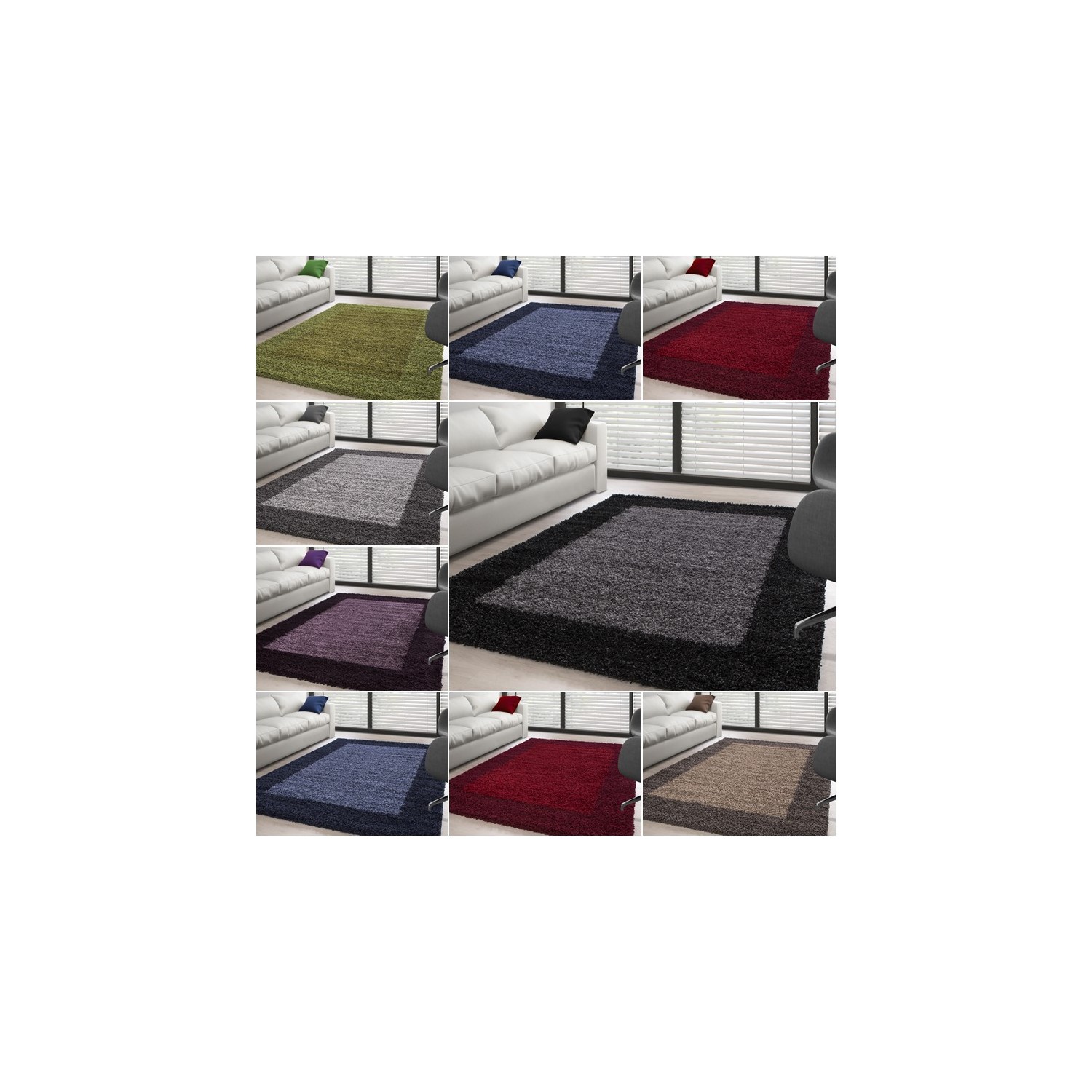 Alfombra peluda de pelo largo, borde de diseño, colores y tamaños disponibles.