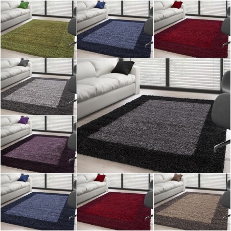 Alfombra peluda de pelo largo, borde de diseño, colores y tamaños disponibles.